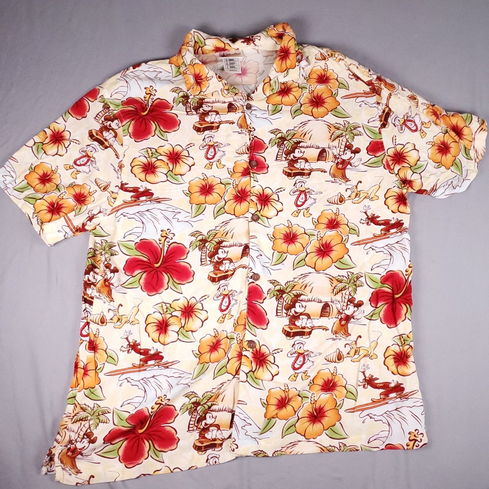 Disney Parks Hawaiian Shirt Mens XL Mickey Minnie Donald Tropical Hibiscus Rayon